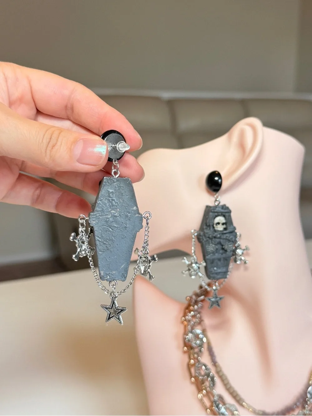 Black Gothic Coffin & Skull Drop Earrings